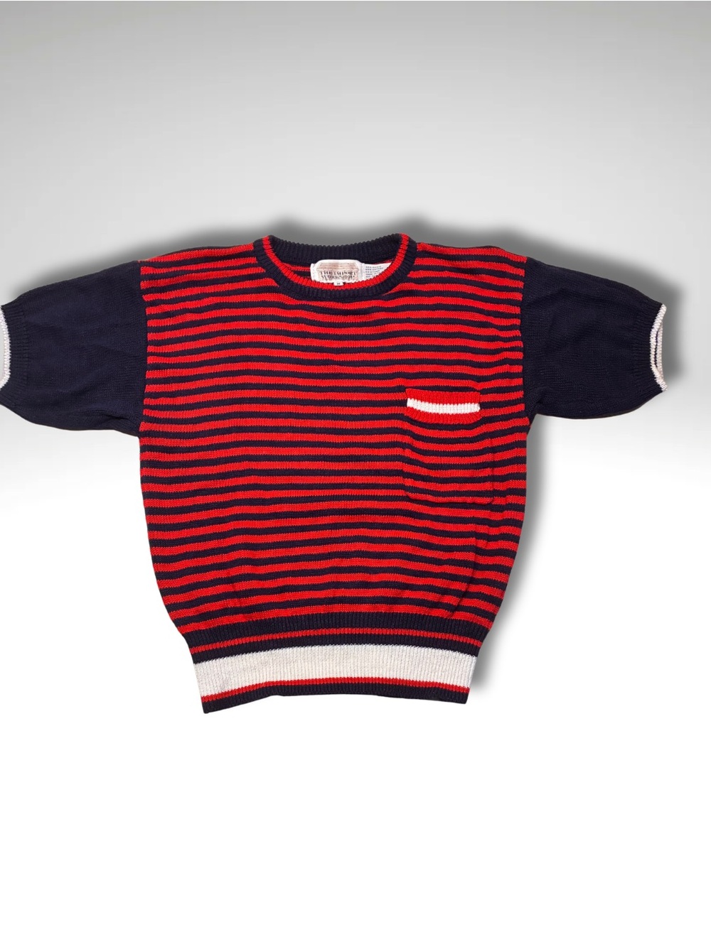 Vintage Nautical Stripe Knit Ramie Cotton Sweater Navy & Red Short Sleeve M